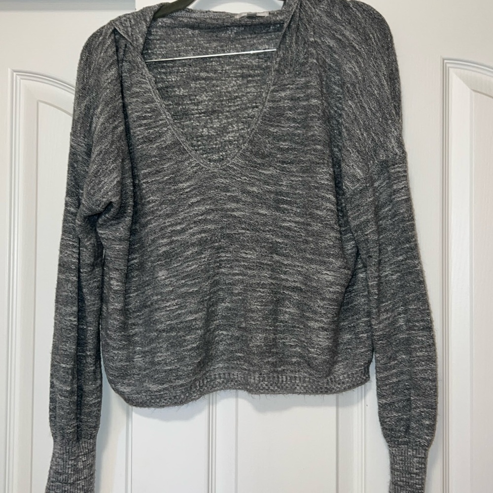 Abound - Womens Gray Burnout V Neck Hooded Top - Long Sleeve Blouse Size Large